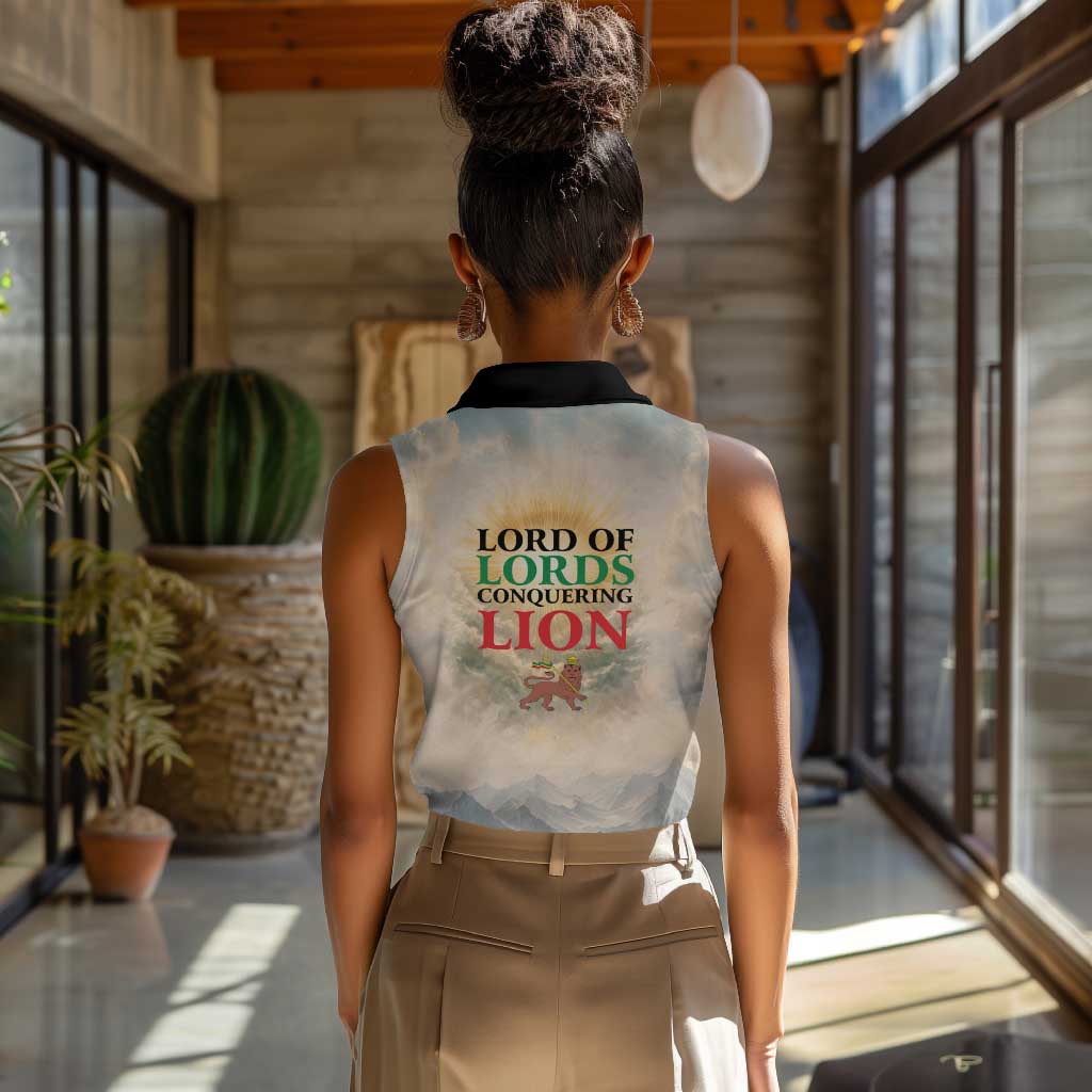 Haile Selassie I Ethiopia Women Sleeveless Polo Shirt with King of Kings and Conquering Lion Cloud Rays and Regal Portrait