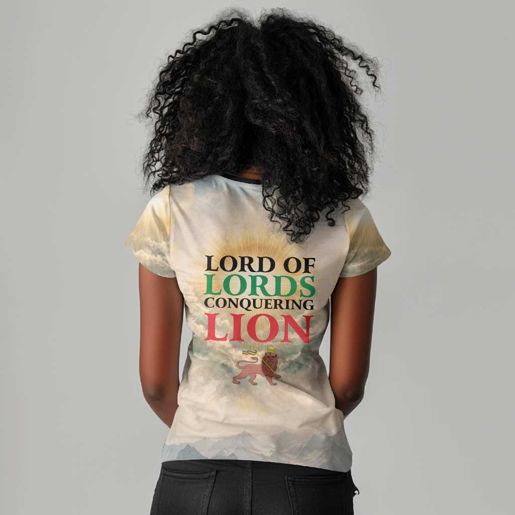 Haile Selassie I Ethiopia Women V-Neck T-Shirt with King of Kings and Conquering Lion Cloud Rays and Regal Portrait
