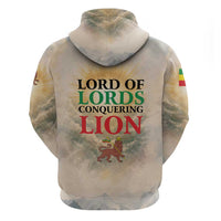 Haile Selassie I Ethiopia Zip Hoodie with King of Kings and Conquering Lion Cloud Rays and Regal Portrait