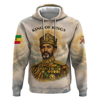 Haile Selassie I Ethiopia Zip Hoodie with King of Kings and Conquering Lion Cloud Rays and Regal Portrait
