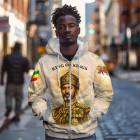 Haile Selassie I Ethiopia Zip Hoodie with King of Kings and Conquering Lion Cloud Rays and Regal Portrait