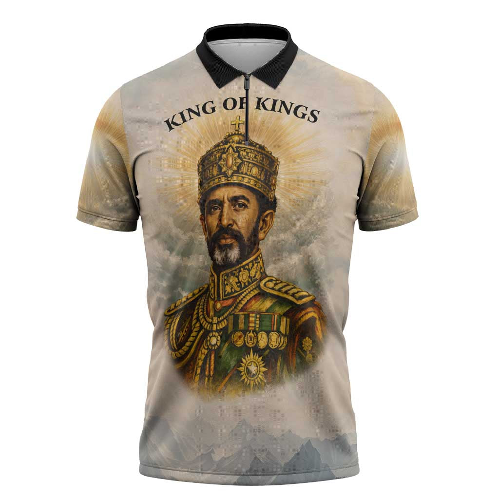 Haile Selassie I Ethiopia Zipper Polo Shirt with King of Kings and Conquering Lion Cloud Rays and Regal Portrait