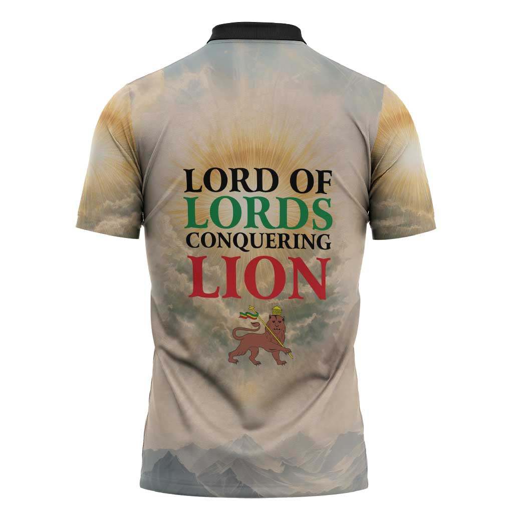Haile Selassie I Ethiopia Zipper Polo Shirt with King of Kings and Conquering Lion Cloud Rays and Regal Portrait