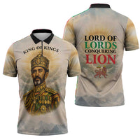 Haile Selassie I Ethiopia Zipper Polo Shirt with King of Kings and Conquering Lion Cloud Rays and Regal Portrait
