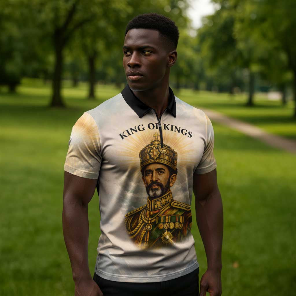 Haile Selassie I Ethiopia Zipper Polo Shirt with King of Kings and Conquering Lion Cloud Rays and Regal Portrait