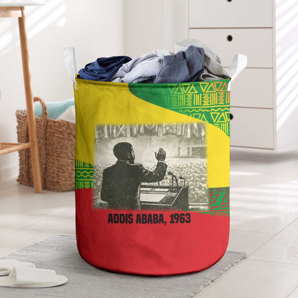 Ethiopia Haile Selassie I Laundry Basket with Addis Ababa 1963 Speech Quote Pan-African Flag Colors and Kente Pattern - Wonder Print Shop
