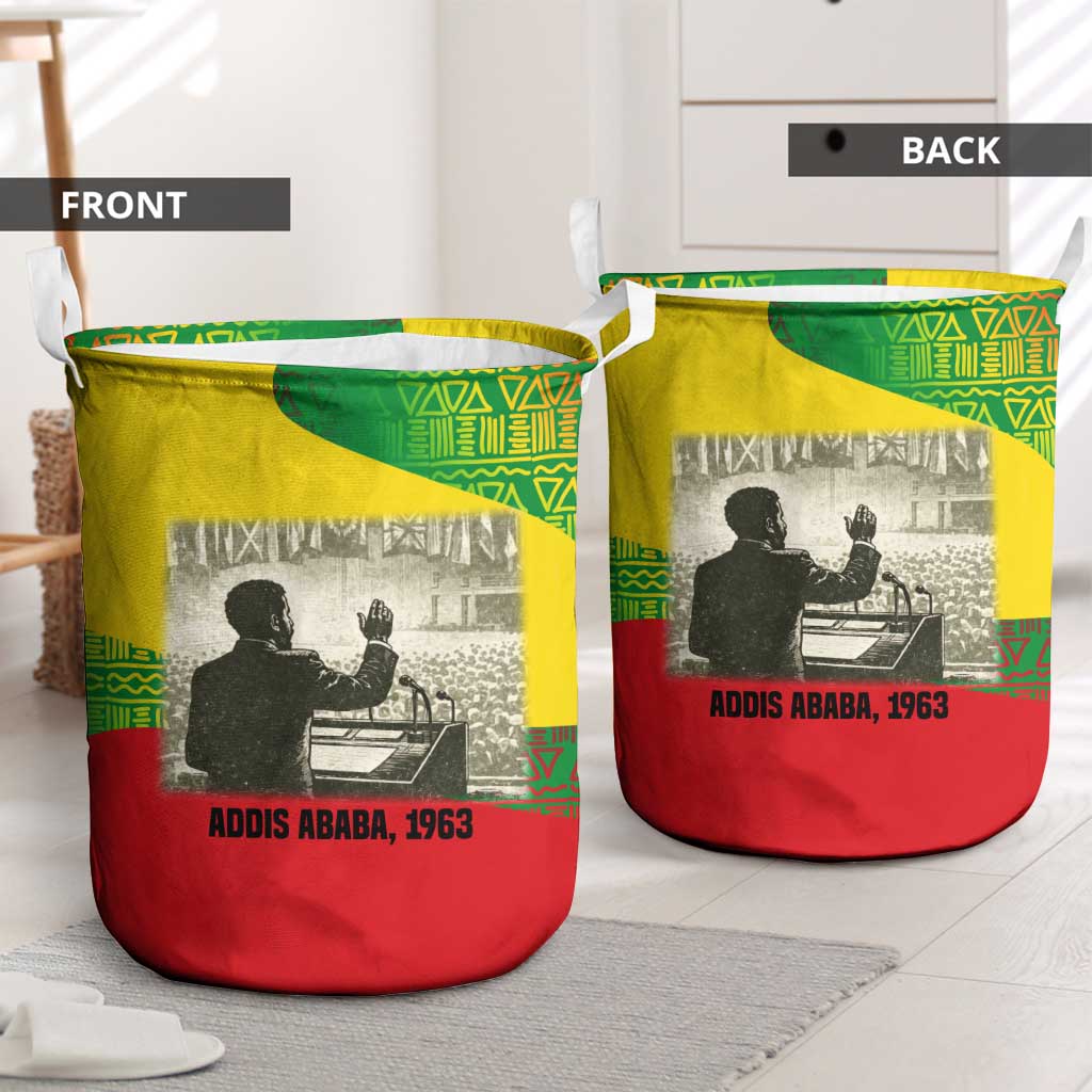 Ethiopia Haile Selassie I Laundry Basket with Addis Ababa 1963 Speech Quote Pan-African Flag Colors and Kente Pattern - Wonder Print Shop