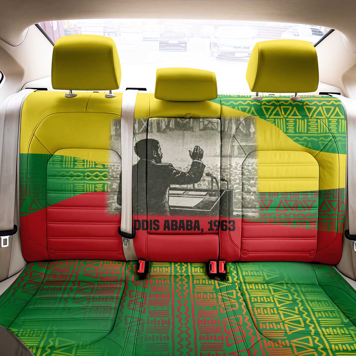 Ethiopia Haile Selassie I Back Car Seat Cover with Addis Ababa 1963 Speech Quote Pan-African Flag Colors and Kente Pattern - Wonder Print Shop