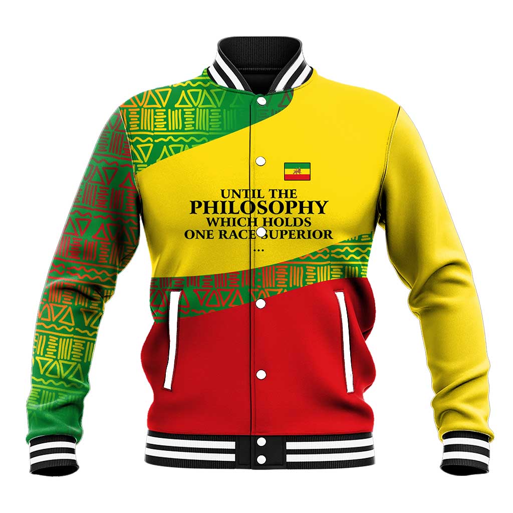 Ethiopia Haile Selassie I Baseball Jacket with Addis Ababa 1963 Speech Quote Pan-African Flag Colors and Kente Pattern - Wonder Print Shop