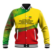 Ethiopia Haile Selassie I Baseball Jacket with Addis Ababa 1963 Speech Quote Pan-African Flag Colors and Kente Pattern - Wonder Print Shop