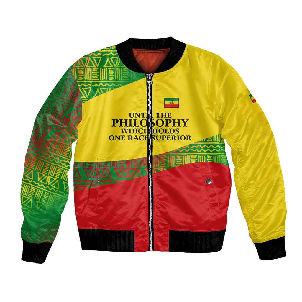 Ethiopia Haile Selassie I Bomber Jacket with Addis Ababa 1963 Speech Quote Pan-African Flag Colors and Kente Pattern - Wonder Print Shop