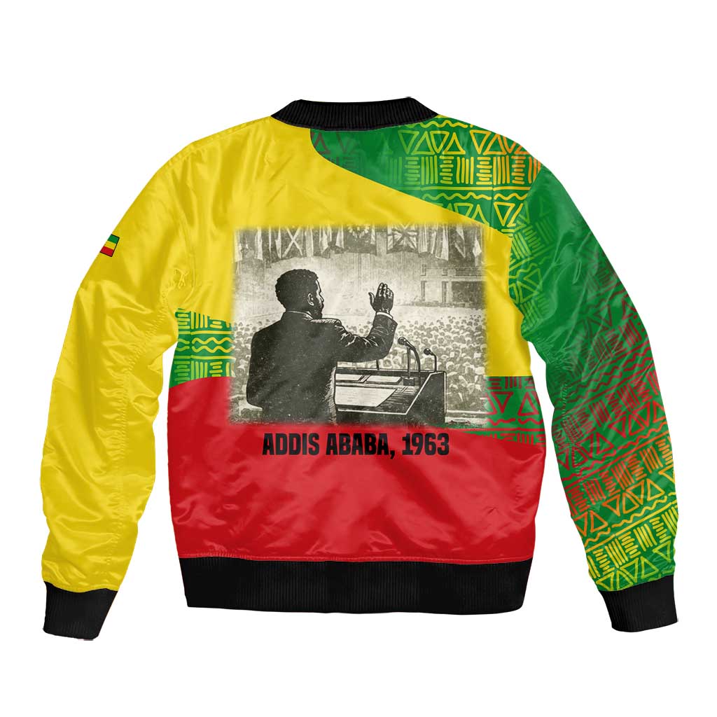 Ethiopia Haile Selassie I Bomber Jacket with Addis Ababa 1963 Speech Quote Pan-African Flag Colors and Kente Pattern - Wonder Print Shop