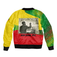 Ethiopia Haile Selassie I Bomber Jacket with Addis Ababa 1963 Speech Quote Pan-African Flag Colors and Kente Pattern - Wonder Print Shop
