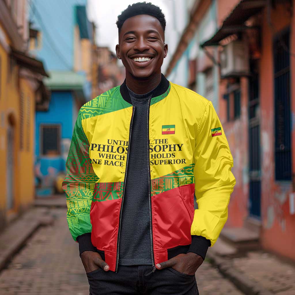 Ethiopia Haile Selassie I Bomber Jacket with Addis Ababa 1963 Speech Quote Pan-African Flag Colors and Kente Pattern - Wonder Print Shop