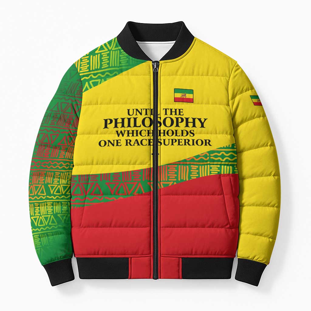 Ethiopia Haile Selassie I Bomber Puffer Jacket with Addis Ababa 1963 Speech Quote Pan-African Flag Colors and Kente Pattern - Wonder Print Shop