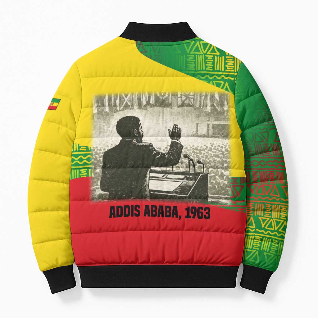 Ethiopia Haile Selassie I Bomber Puffer Jacket with Addis Ababa 1963 Speech Quote Pan-African Flag Colors and Kente Pattern - Wonder Print Shop