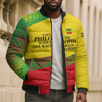 Ethiopia Haile Selassie I Bomber Puffer Jacket with Addis Ababa 1963 Speech Quote Pan-African Flag Colors and Kente Pattern - Wonder Print Shop