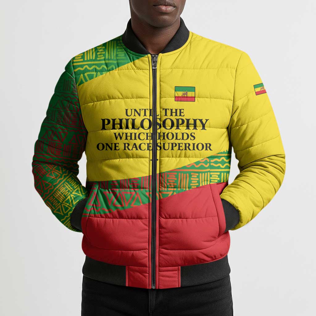 Ethiopia Haile Selassie I Bomber Puffer Jacket with Addis Ababa 1963 Speech Quote Pan-African Flag Colors and Kente Pattern - Wonder Print Shop