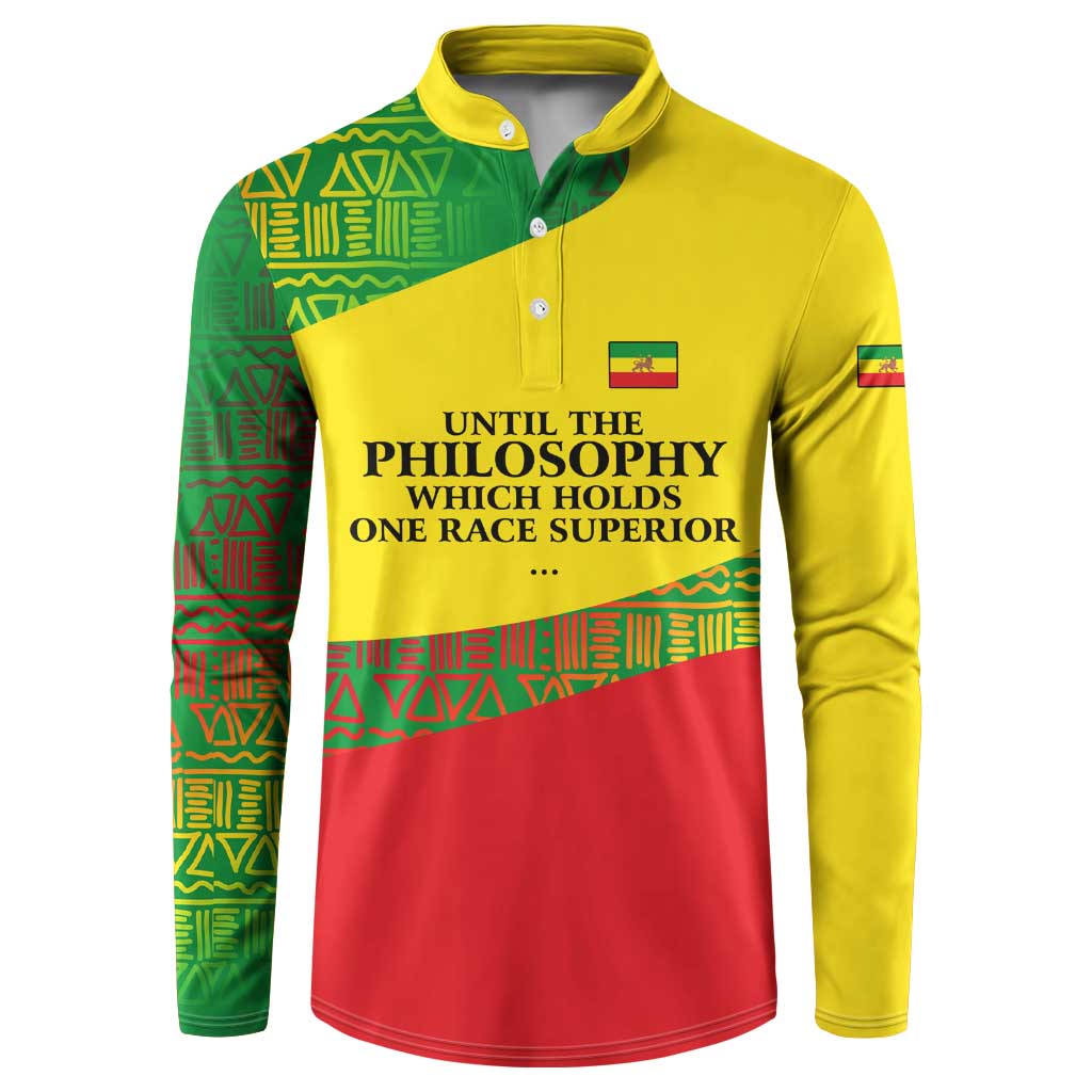 Ethiopia Haile Selassie I Button Sweatshirt with Addis Ababa 1963 Speech Quote Pan-African Flag Colors and Kente Pattern