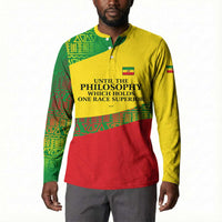 Ethiopia Haile Selassie I Button Sweatshirt with Addis Ababa 1963 Speech Quote Pan-African Flag Colors and Kente Pattern