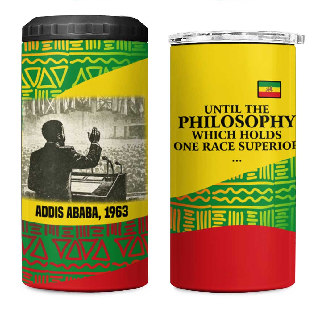 Ethiopia Haile Selassie I 4 in 1 Can Cooler Tumbler with Addis Ababa 1963 Speech Quote Pan-African Flag Colors and Kente Pattern - Wonder Print Shop