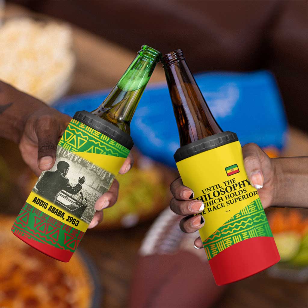 Ethiopia Haile Selassie I 4 in 1 Can Cooler Tumbler with Addis Ababa 1963 Speech Quote Pan-African Flag Colors and Kente Pattern - Wonder Print Shop