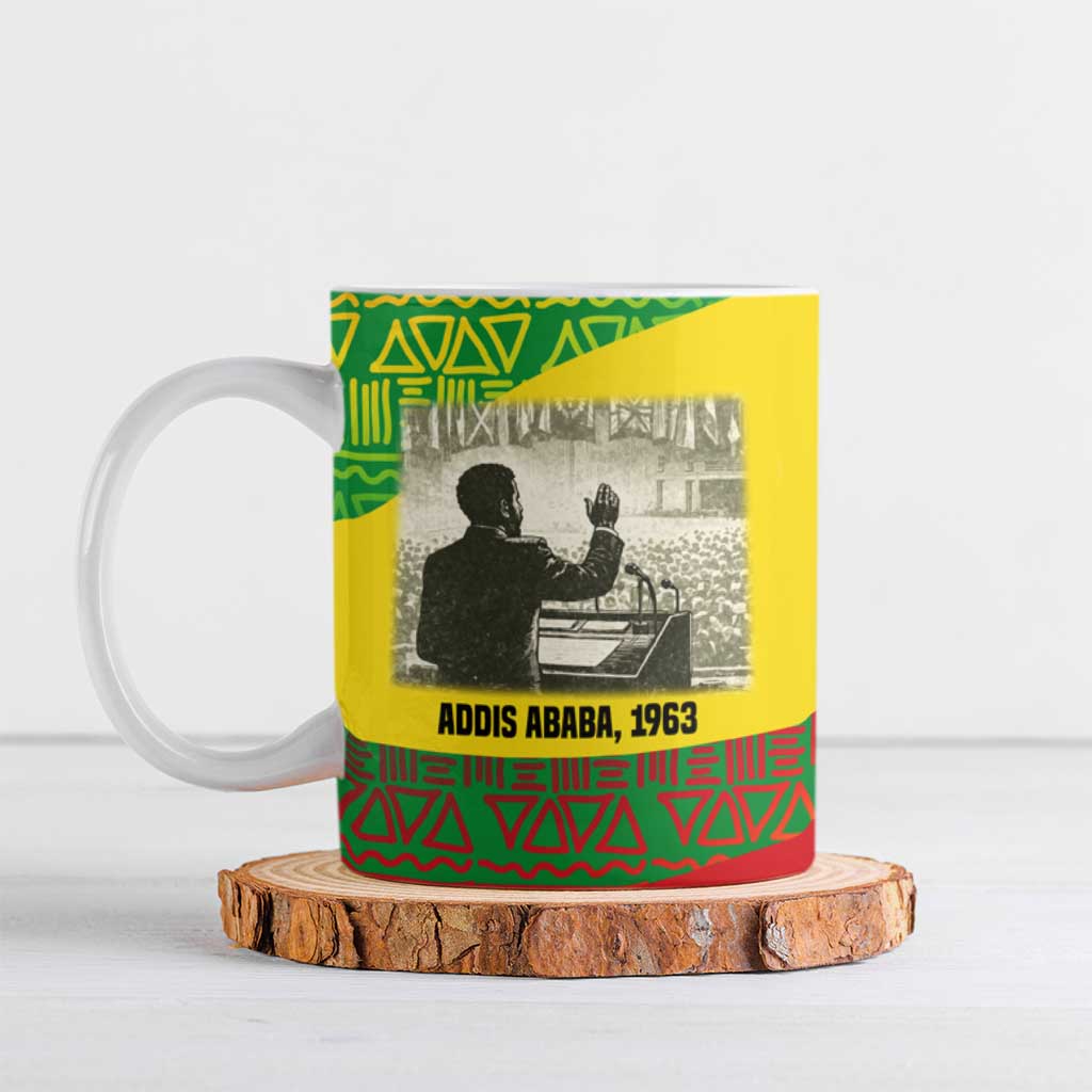 Ethiopia Haile Selassie I Ceramic Mug with Addis Ababa 1963 Speech Quote Pan-African Flag Colors and Kente Pattern - Wonder Print Shop