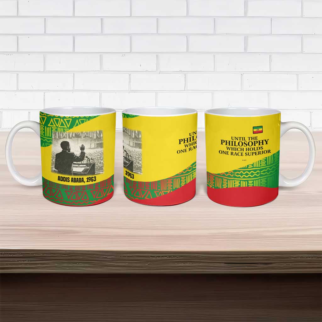 Ethiopia Haile Selassie I Ceramic Mug with Addis Ababa 1963 Speech Quote Pan-African Flag Colors and Kente Pattern - Wonder Print Shop