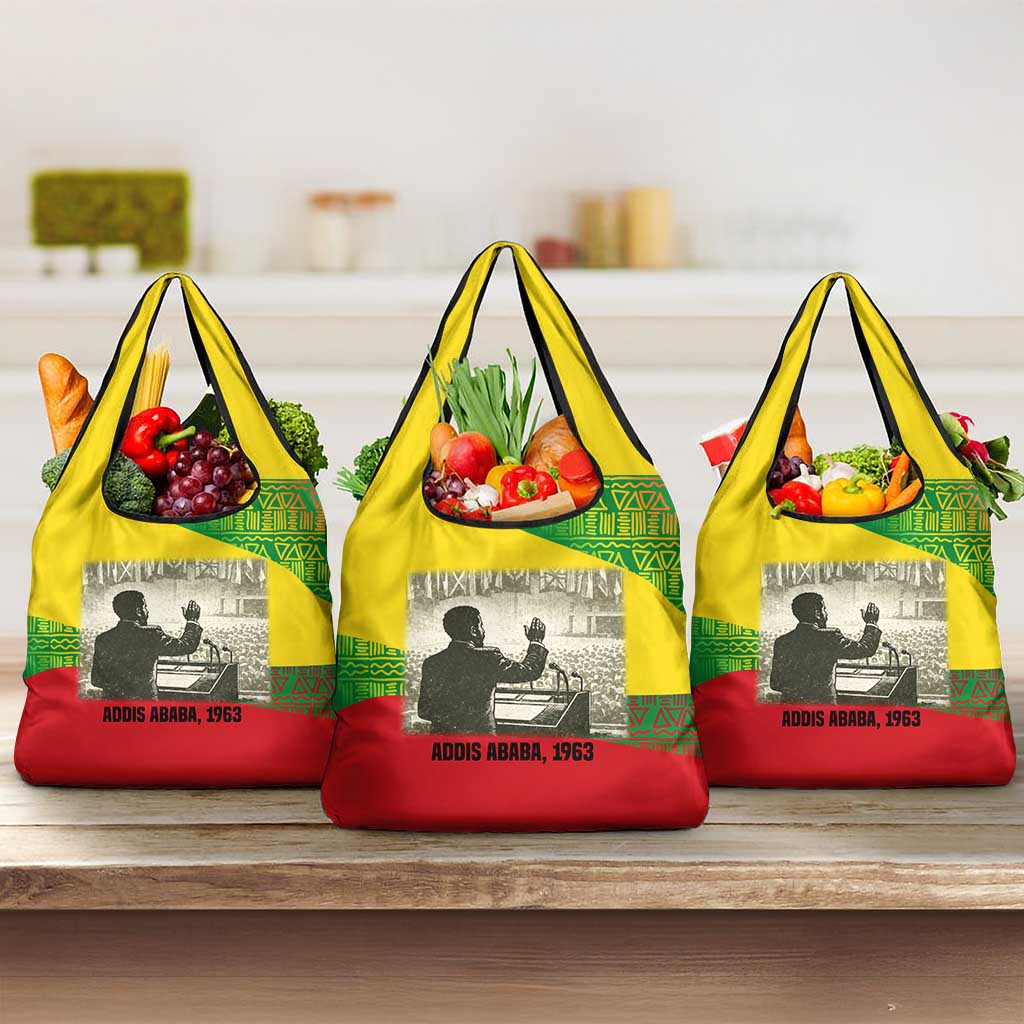 Ethiopia Haile Selassie I Grocery Bag with Addis Ababa 1963 Speech Quote Pan-African Flag Colors and Kente Pattern - Wonder Print Shop
