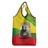 Ethiopia Haile Selassie I Grocery Bag with Addis Ababa 1963 Speech Quote Pan-African Flag Colors and Kente Pattern - Wonder Print Shop