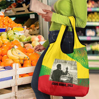 Ethiopia Haile Selassie I Grocery Bag with Addis Ababa 1963 Speech Quote Pan-African Flag Colors and Kente Pattern - Wonder Print Shop