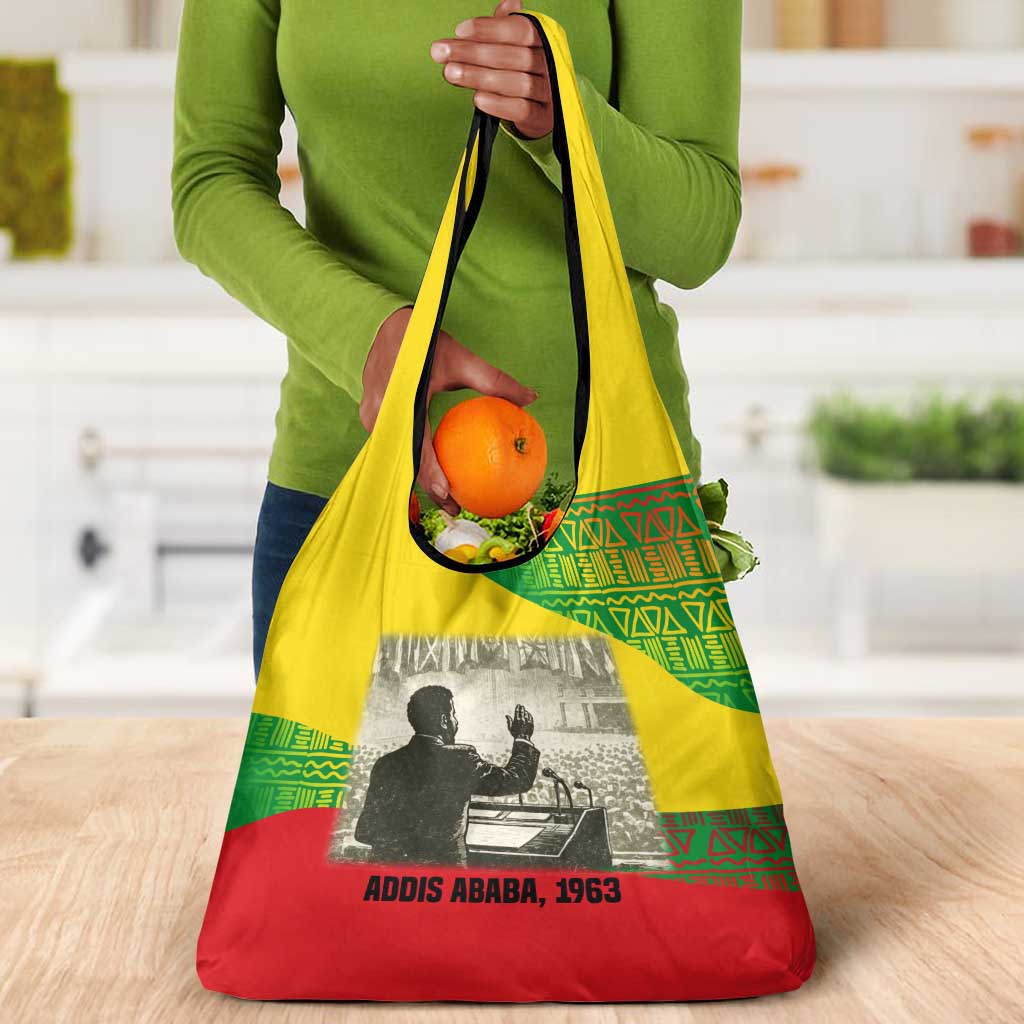 Ethiopia Haile Selassie I Grocery Bag with Addis Ababa 1963 Speech Quote Pan-African Flag Colors and Kente Pattern - Wonder Print Shop