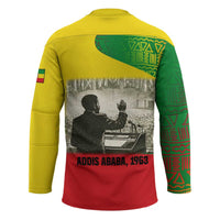 Ethiopia Haile Selassie I Hockey Jersey with Addis Ababa 1963 Speech Quote Pan-African Flag Colors and Kente Pattern
