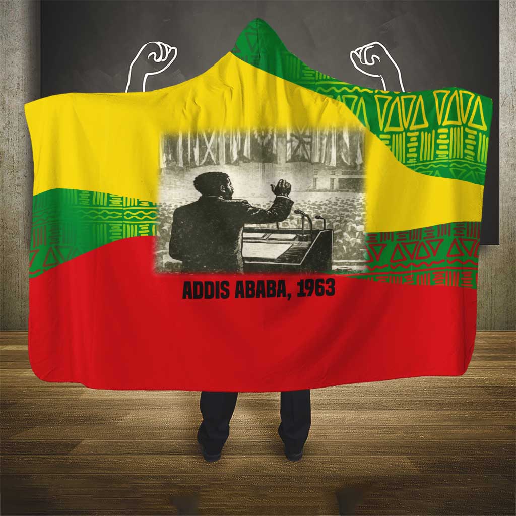 Ethiopia Haile Selassie I Hooded Blanket with Addis Ababa 1963 Speech Quote Pan-African Flag Colors and Kente Pattern - Wonder Print Shop
