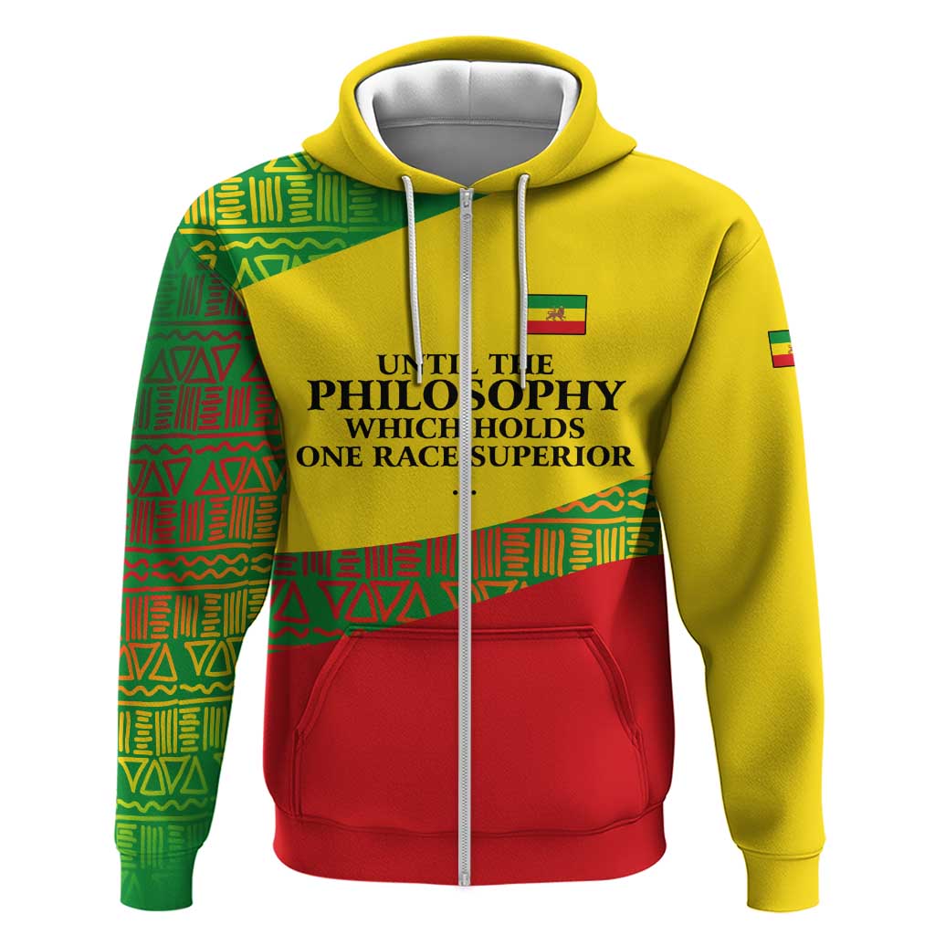 Ethiopia Haile Selassie I Hoodie with Addis Ababa 1963 Speech Quote Pan-African Flag Colors and Kente Pattern