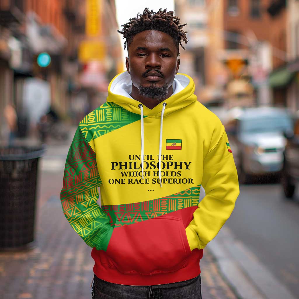 Ethiopia Haile Selassie I Hoodie with Addis Ababa 1963 Speech Quote Pan-African Flag Colors and Kente Pattern