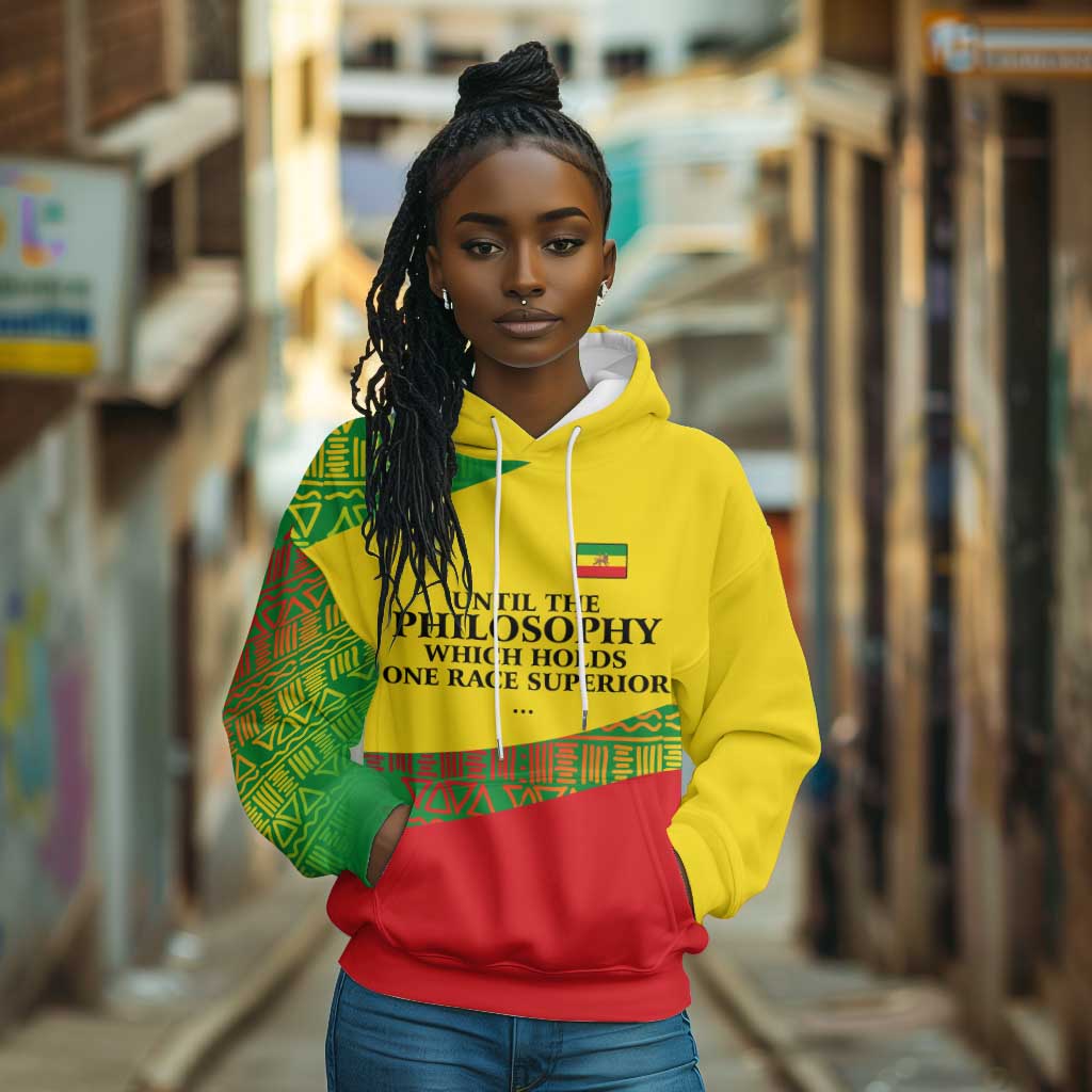 Ethiopia Haile Selassie I Hoodie with Addis Ababa 1963 Speech Quote Pan-African Flag Colors and Kente Pattern