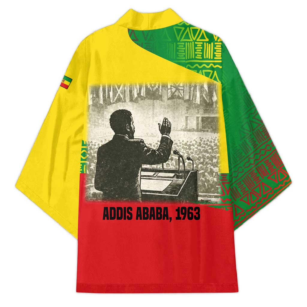 Ethiopia Haile Selassie I Kimono with Addis Ababa 1963 Speech Quote Pan-African Flag Colors and Kente Pattern
