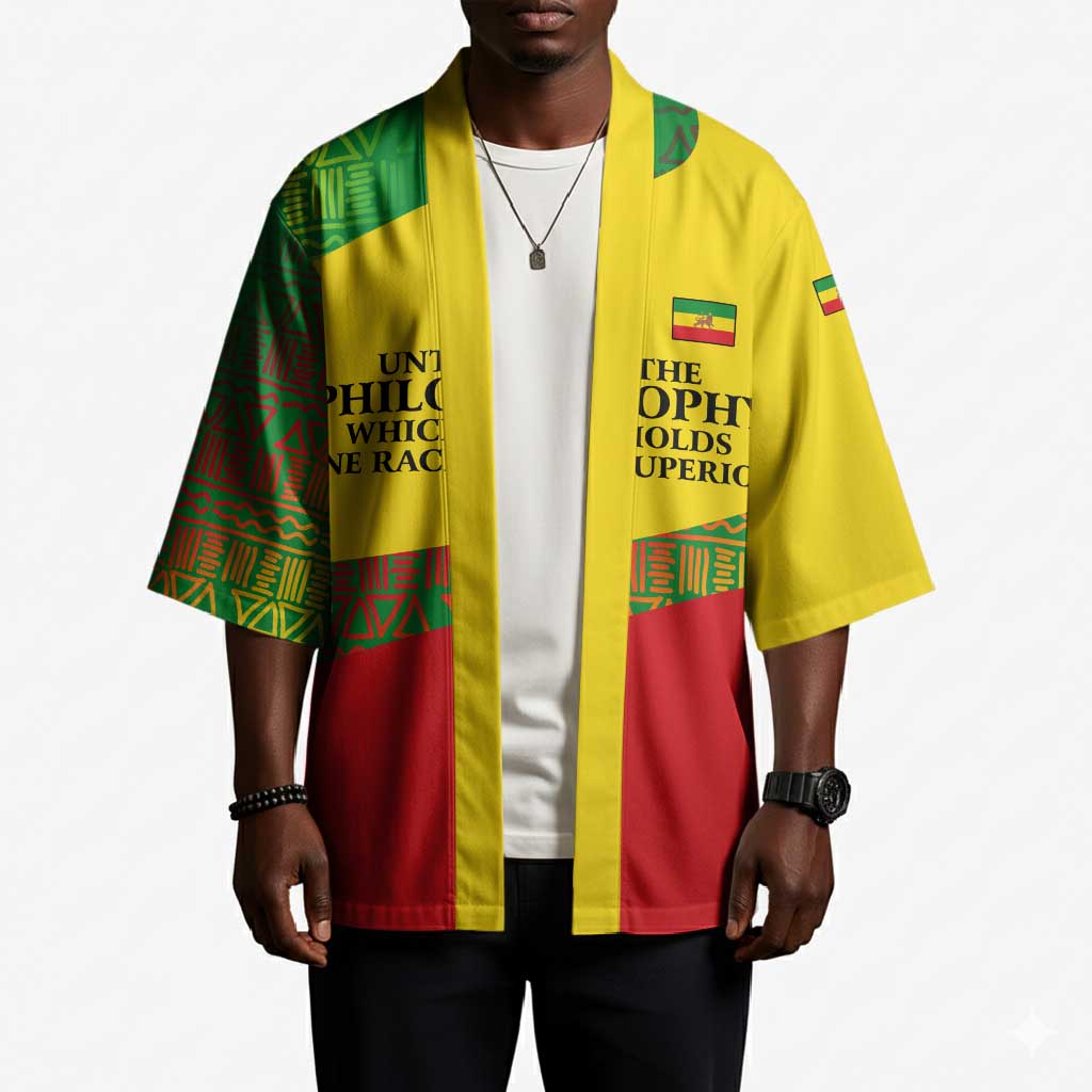 Ethiopia Haile Selassie I Kimono with Addis Ababa 1963 Speech Quote Pan-African Flag Colors and Kente Pattern