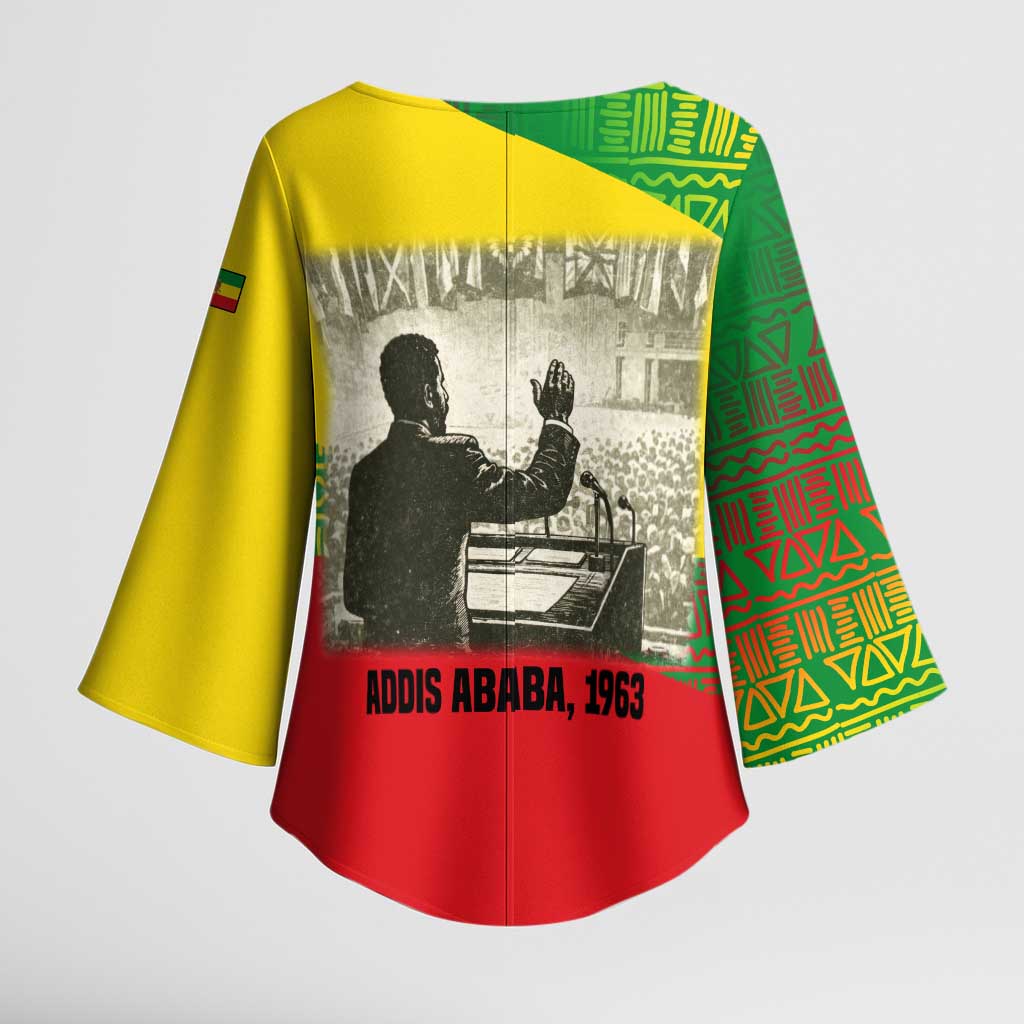 Ethiopia Haile Selassie I Kimono Sleeve Blouse with Addis Ababa 1963 Speech Quote Pan-African Flag Colors and Kente Pattern
