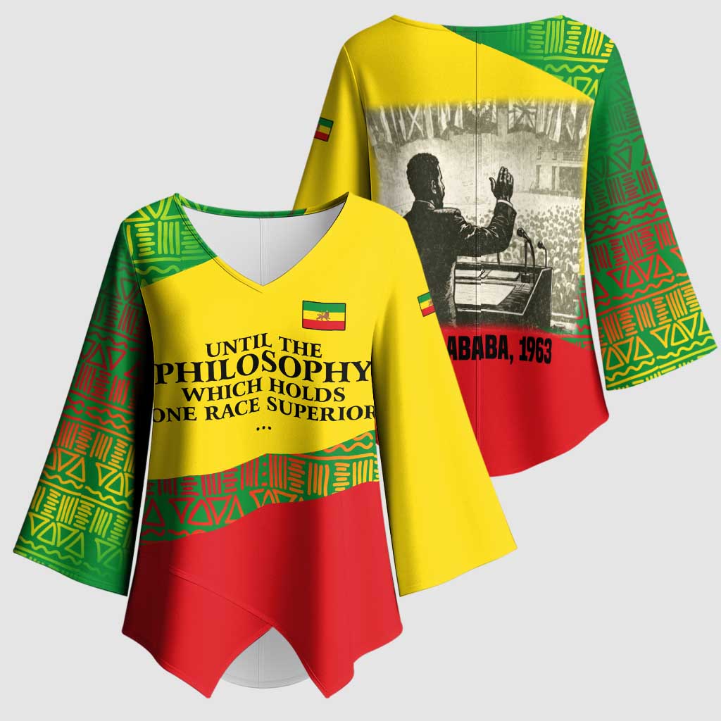 Ethiopia Haile Selassie I Kimono Sleeve Blouse with Addis Ababa 1963 Speech Quote Pan-African Flag Colors and Kente Pattern