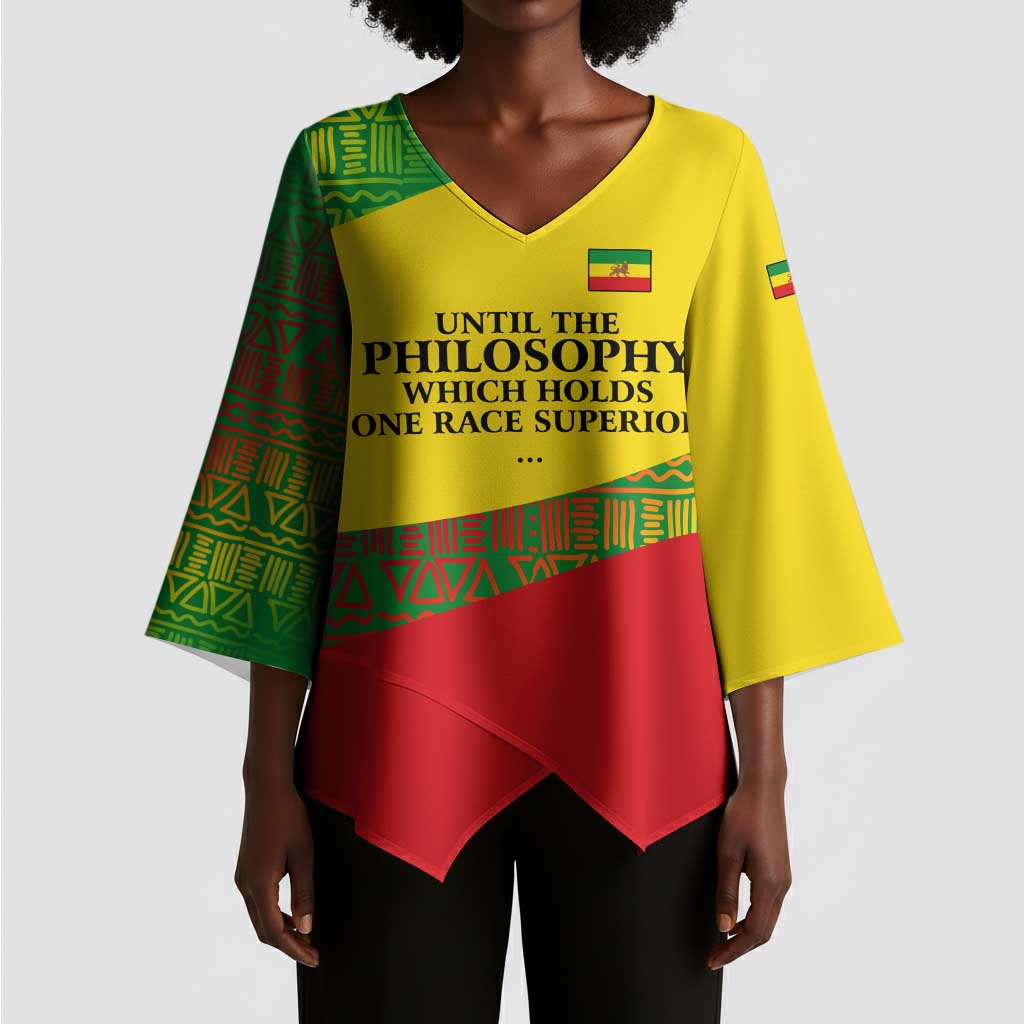 Ethiopia Haile Selassie I Kimono Sleeve Blouse with Addis Ababa 1963 Speech Quote Pan-African Flag Colors and Kente Pattern