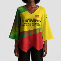 Ethiopia Haile Selassie I Kimono Sleeve Blouse with Addis Ababa 1963 Speech Quote Pan-African Flag Colors and Kente Pattern