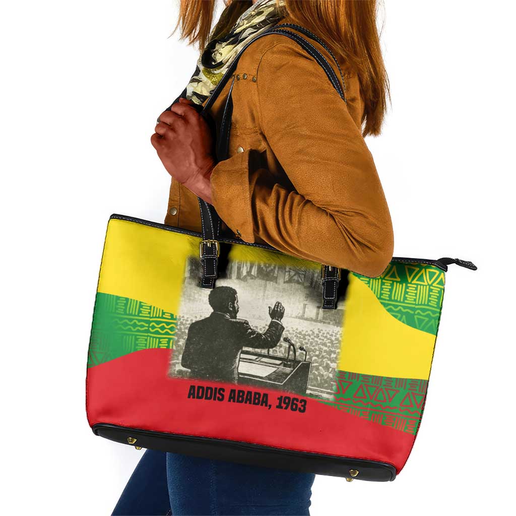 Ethiopia Haile Selassie I Leather Tote Bag with Addis Ababa 1963 Speech Quote Pan-African Flag Colors and Kente Pattern - Wonder Print Shop