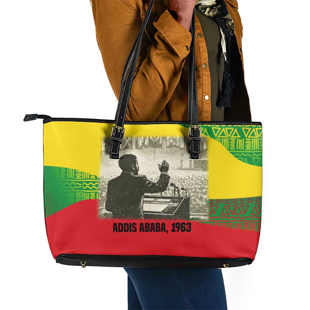 Ethiopia Haile Selassie I Leather Tote Bag with Addis Ababa 1963 Speech Quote Pan-African Flag Colors and Kente Pattern - Wonder Print Shop
