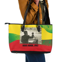 Ethiopia Haile Selassie I Leather Tote Bag with Addis Ababa 1963 Speech Quote Pan-African Flag Colors and Kente Pattern - Wonder Print Shop
