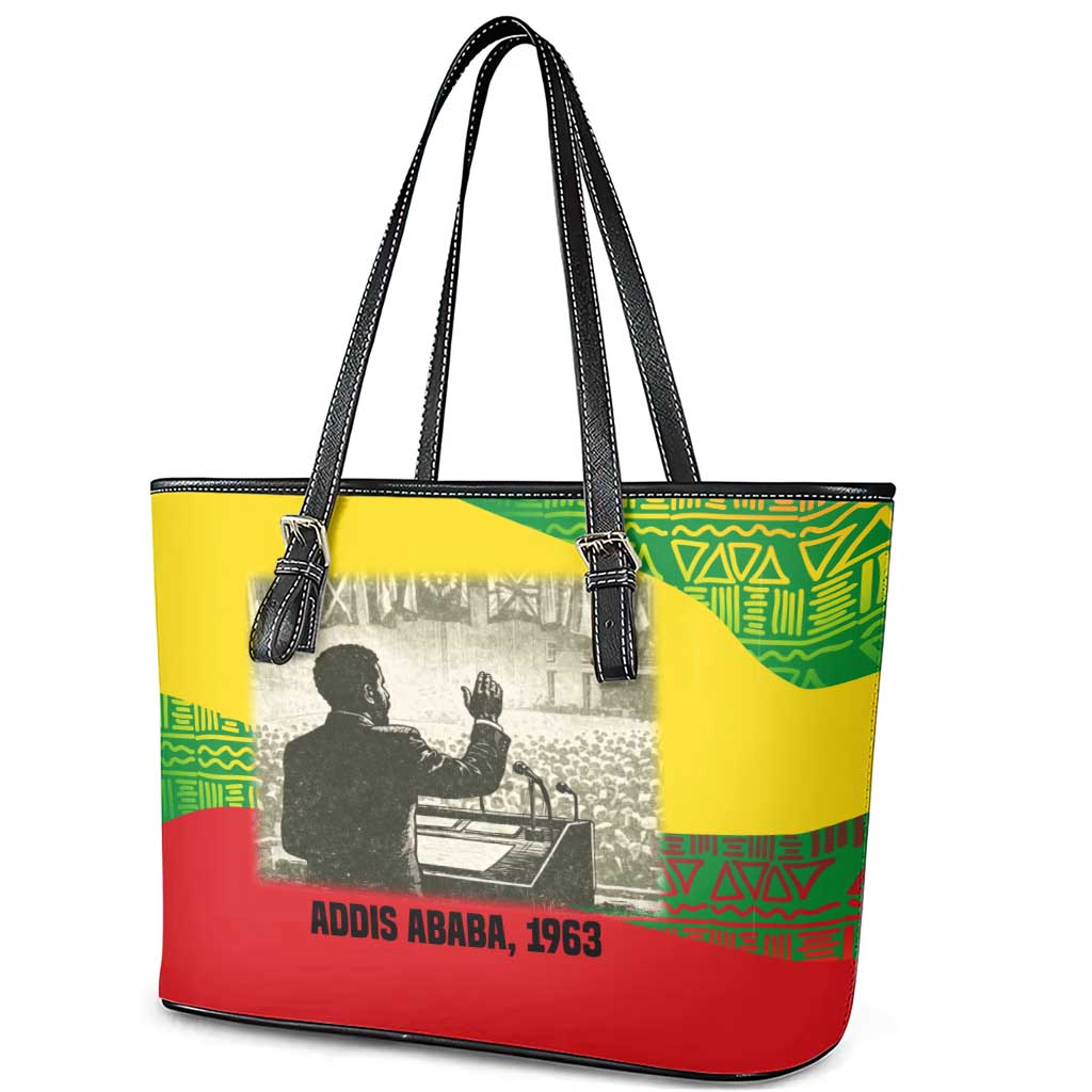 Ethiopia Haile Selassie I Leather Tote Bag with Addis Ababa 1963 Speech Quote Pan-African Flag Colors and Kente Pattern - Wonder Print Shop