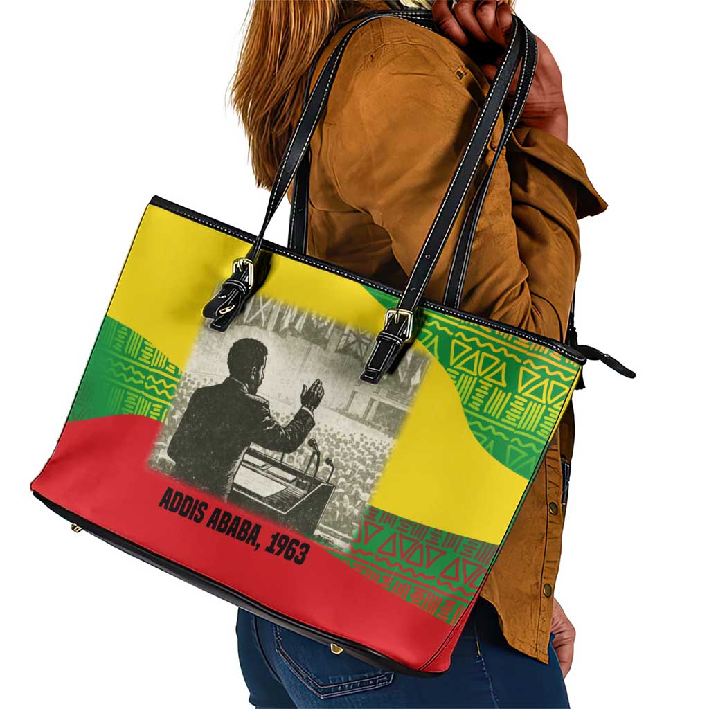 Ethiopia Haile Selassie I Leather Tote Bag with Addis Ababa 1963 Speech Quote Pan-African Flag Colors and Kente Pattern - Wonder Print Shop