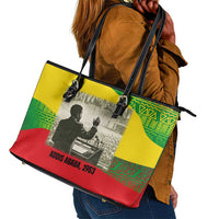 Ethiopia Haile Selassie I Leather Tote Bag with Addis Ababa 1963 Speech Quote Pan-African Flag Colors and Kente Pattern - Wonder Print Shop