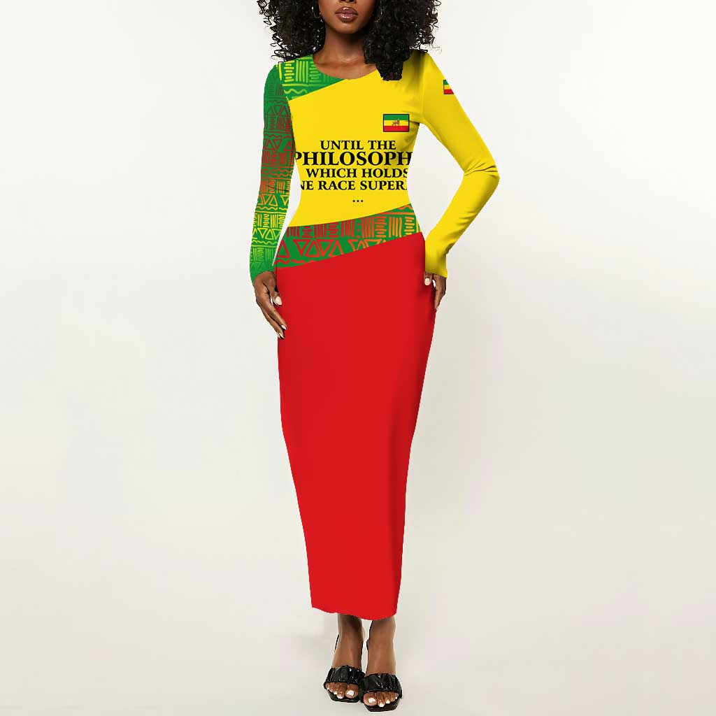 Ethiopia Haile Selassie I Long Sleeve Bodycon Dress with Addis Ababa 1963 Speech Quote Pan-African Flag Colors and Kente Pattern